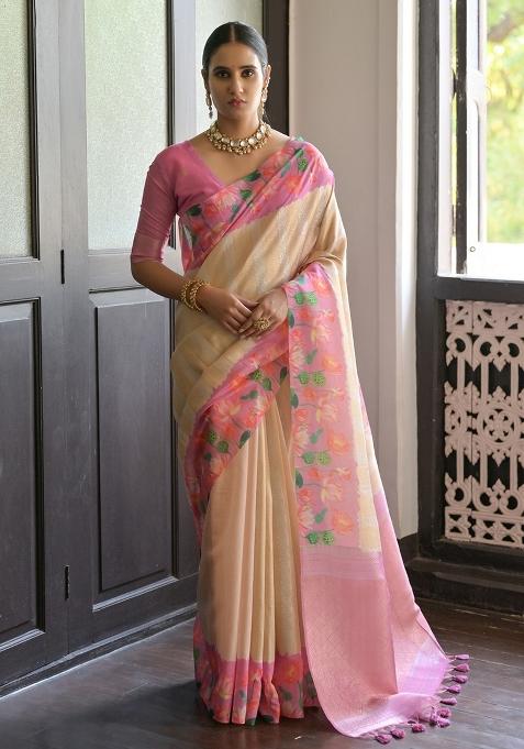 Pink Printed Silk Saree Set