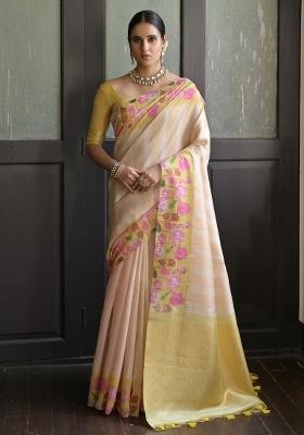 Yellow Printed Silk Saree Set