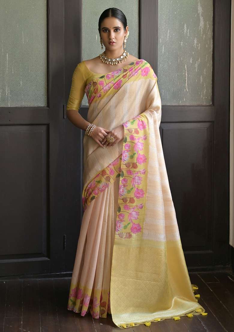 Yellow Printed Silk Blend Saree Set for Diwali and Festive Wear - Indya