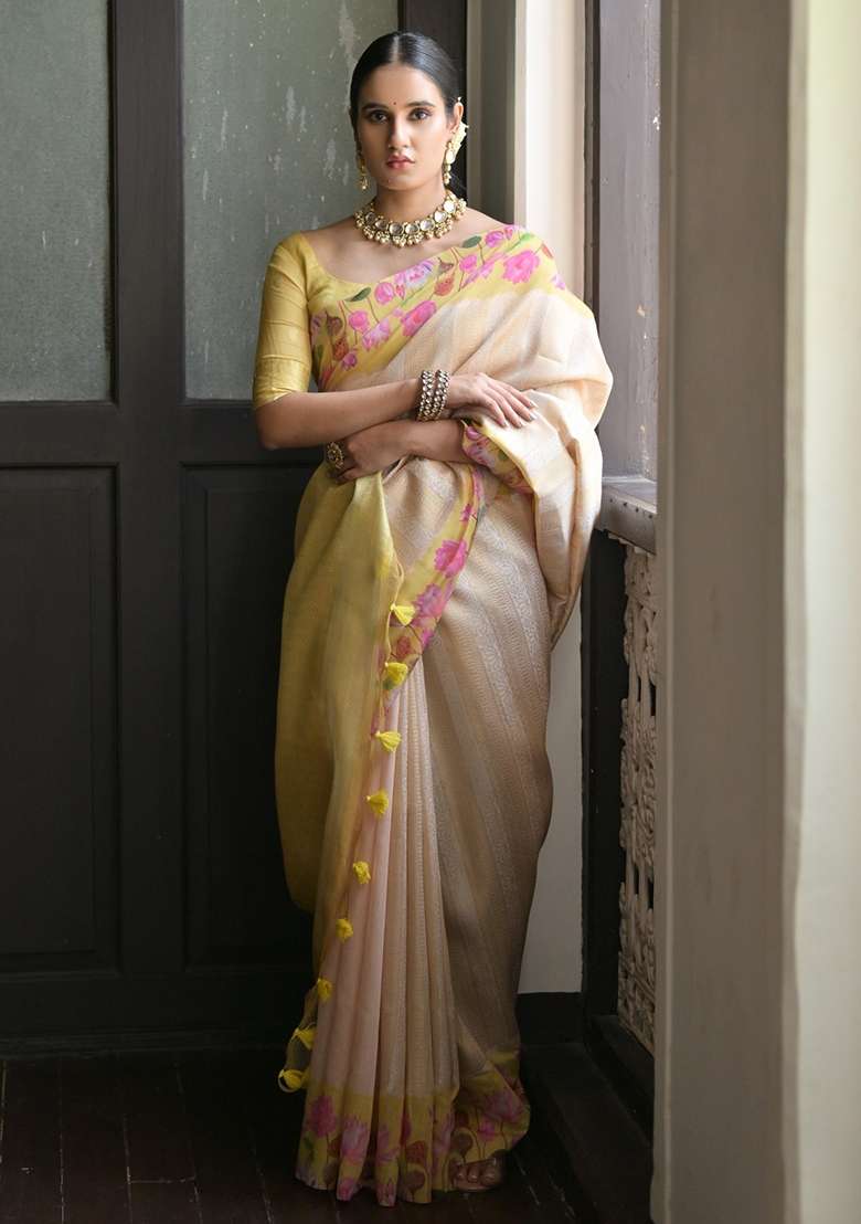 Yellow Printed Silk Blend Saree Set for Diwali and Festive Wear - Indya