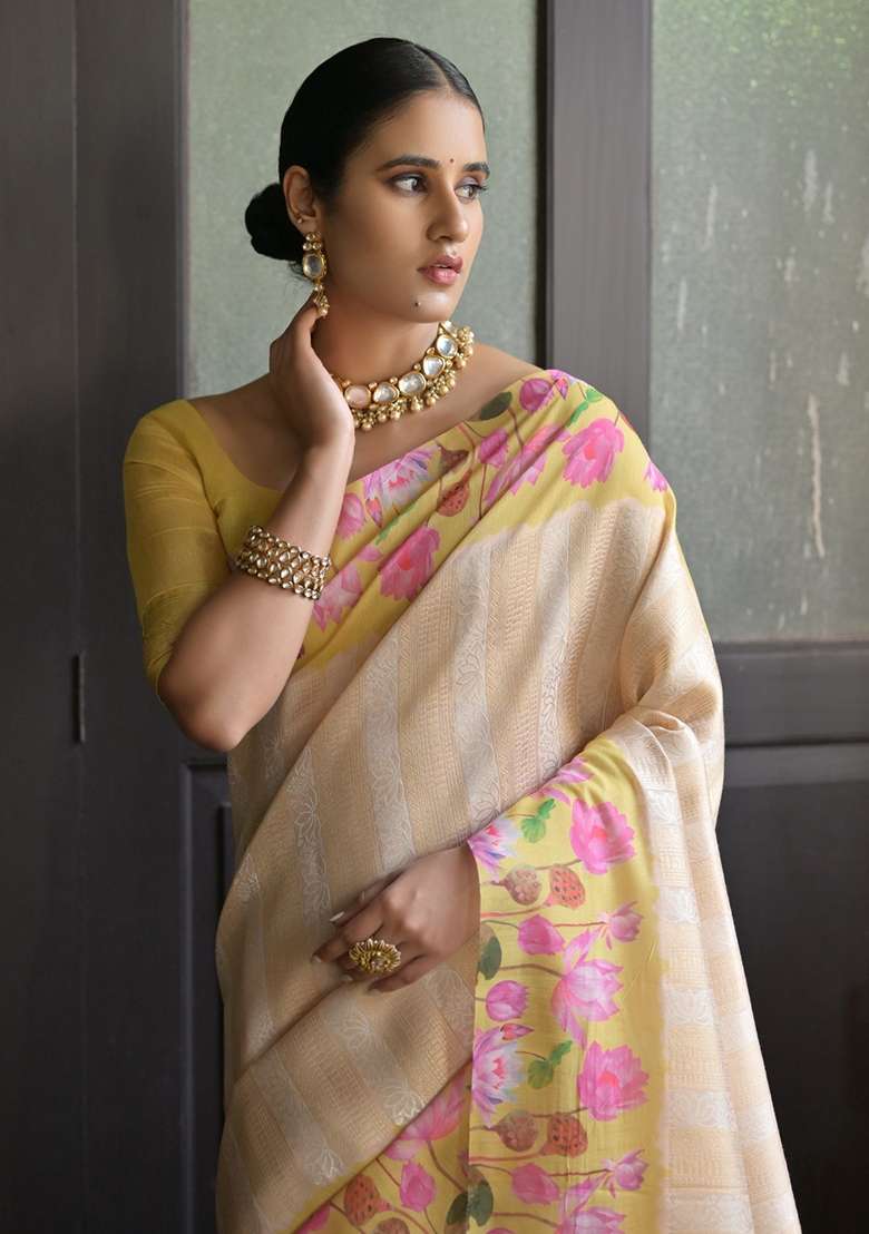 Yellow Printed Silk Blend Saree Set for Diwali and Festive Wear - Indya