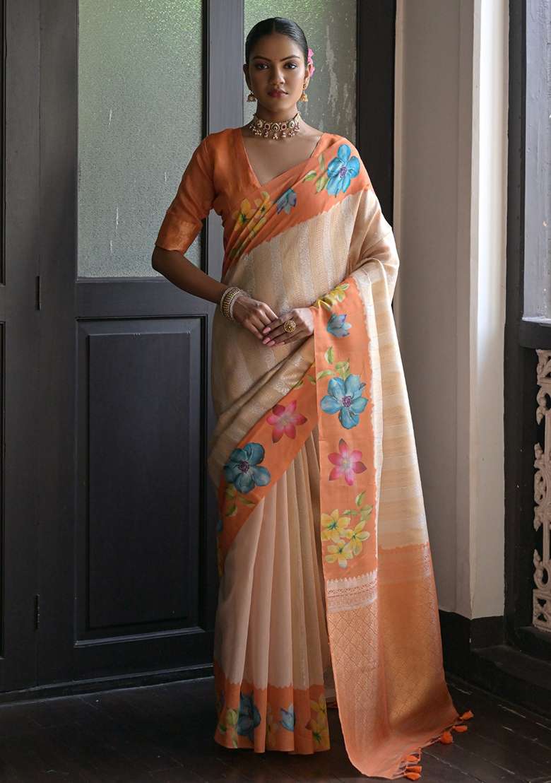 Orange Printed Silk Blend Saree Set for Diwali and Festive Wear - Indya