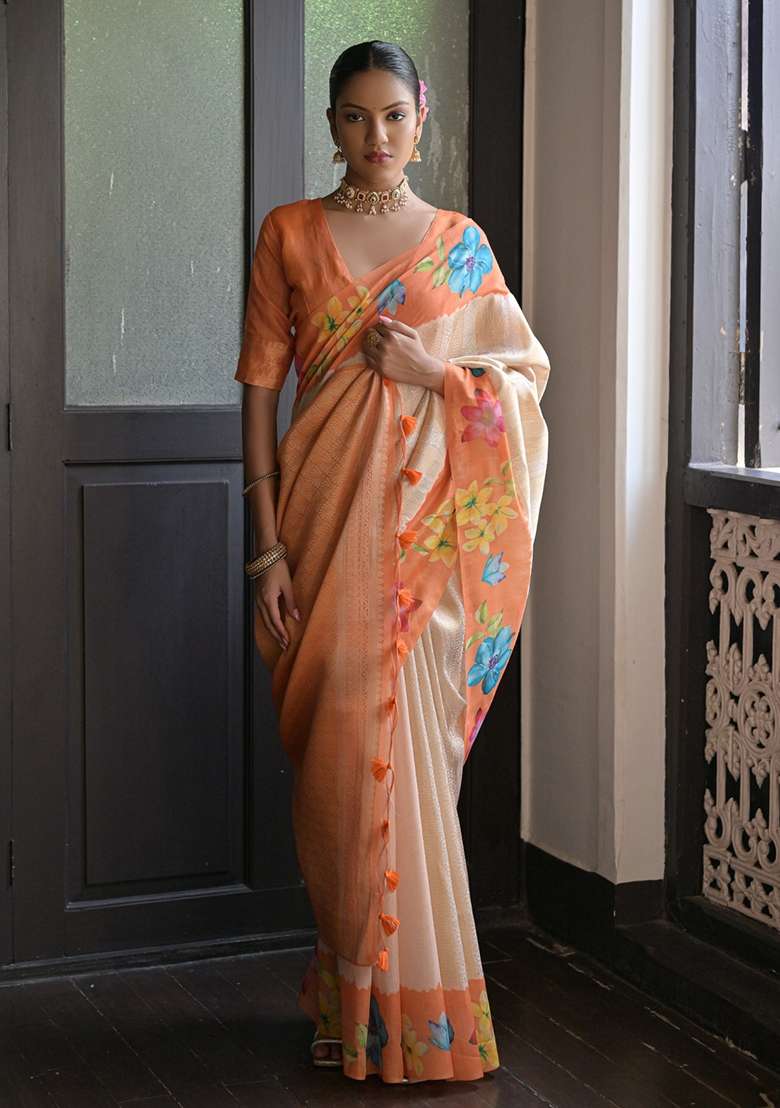 Orange Printed Silk Blend Saree Set for Diwali and Festive Wear - Indya