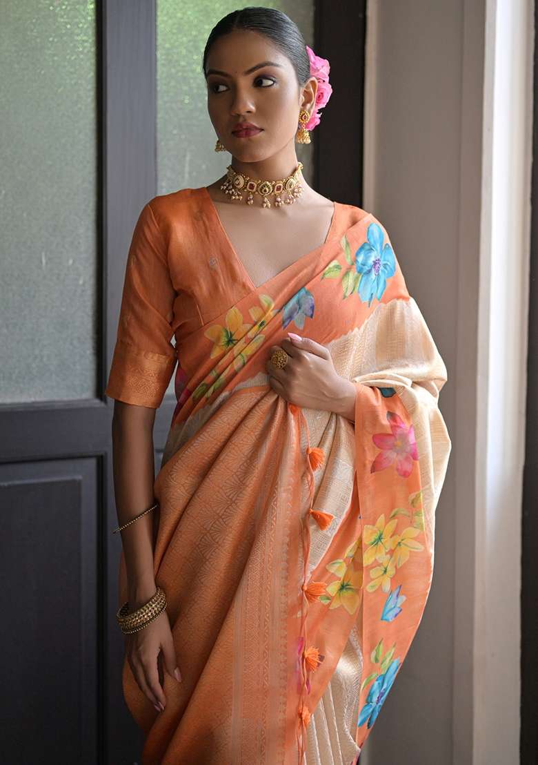 Orange Printed Silk Blend Saree Set for Diwali and Festive Wear - Indya