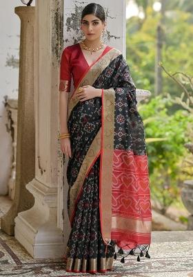 Black Resham Weaving Raw Silk Saree Set