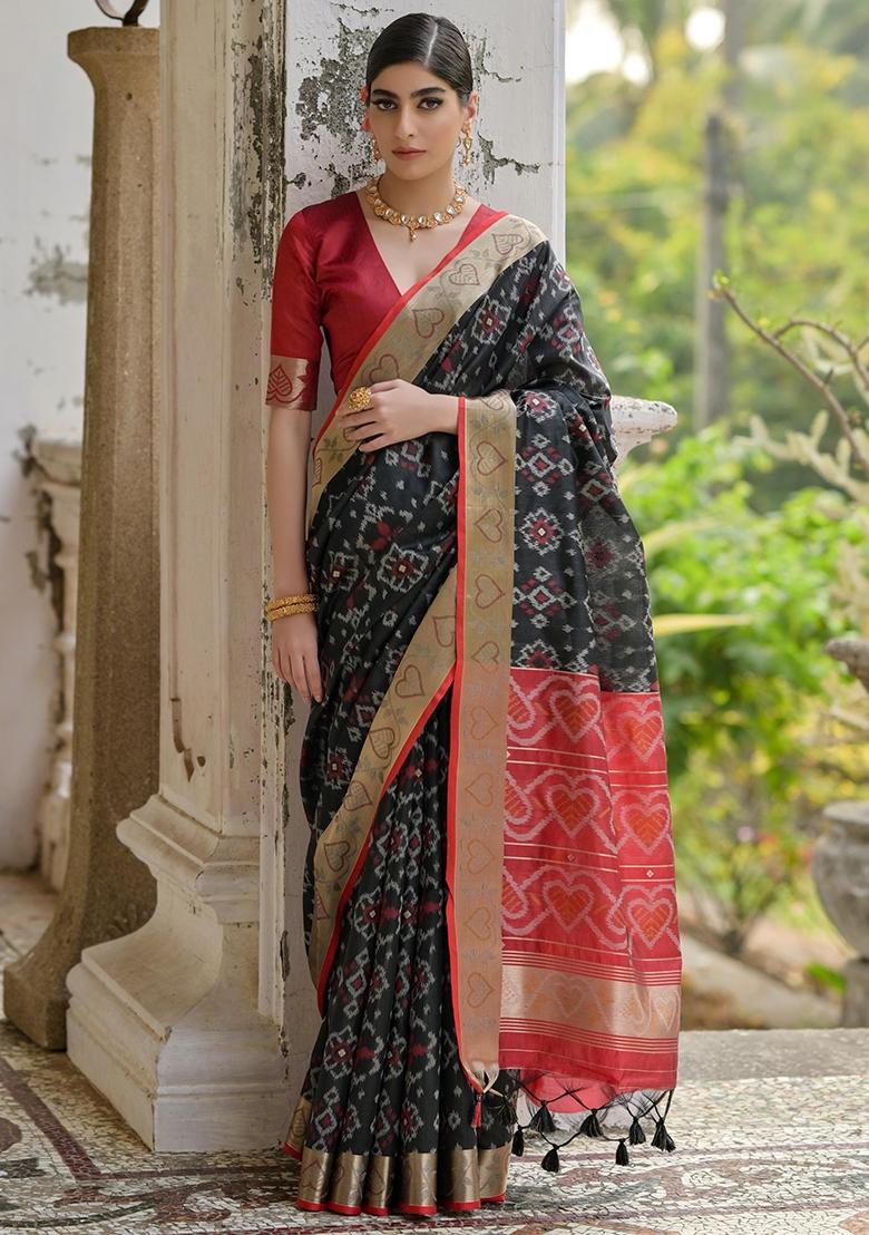 Black Resham Weaving Raw Silk Saree Set