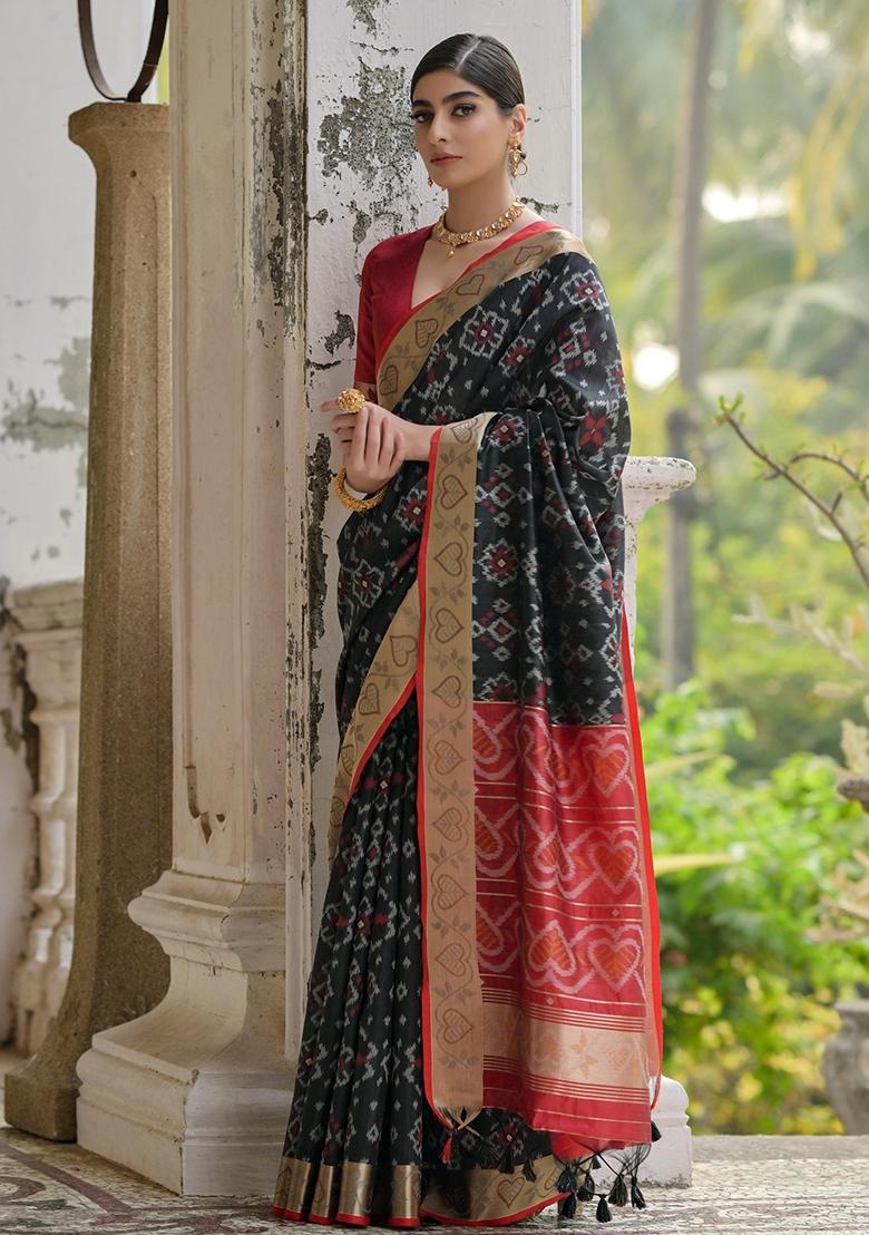 Black Resham Weaving Raw Silk Saree Set