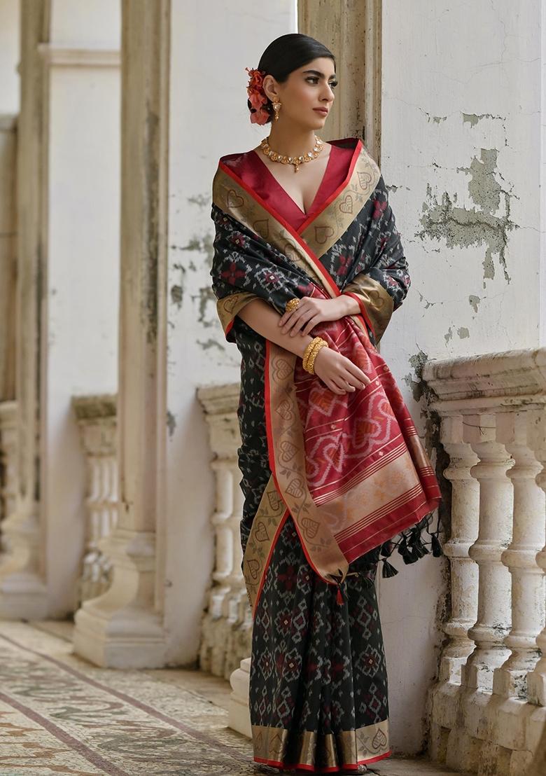Black Resham Weaving Raw Silk Saree Set