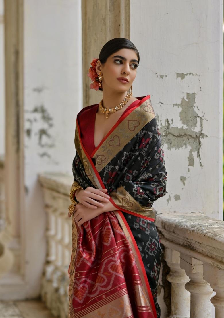 Black Resham Weaving Raw Silk Saree Set