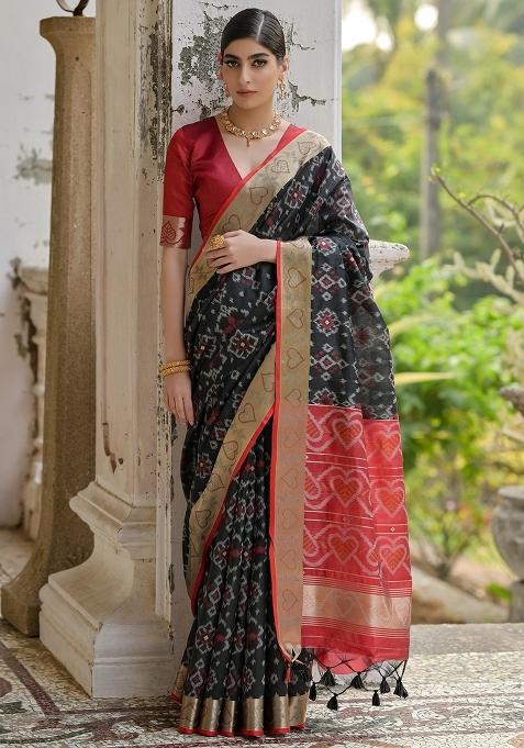 Black Resham Weaving Raw Silk Saree Set