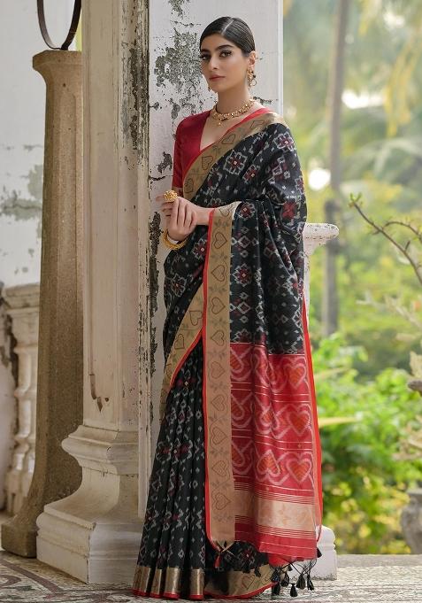 Black Resham Weaving Raw Silk Saree Set
