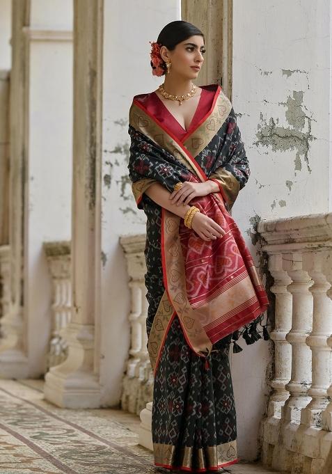 Black Resham Weaving Raw Silk Saree Set