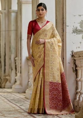 Cream Resham Weaving Raw Silk Blend Saree Set