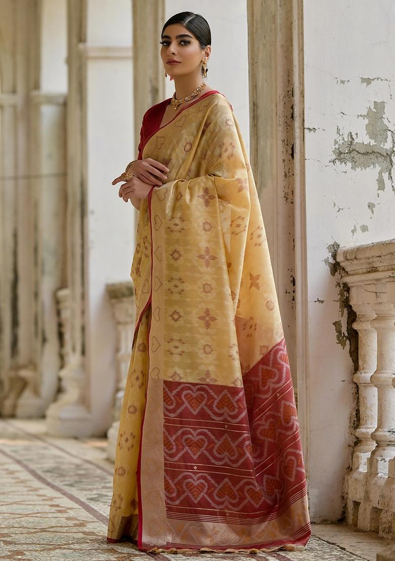 Cream Resham Weaving Raw Silk Saree Set