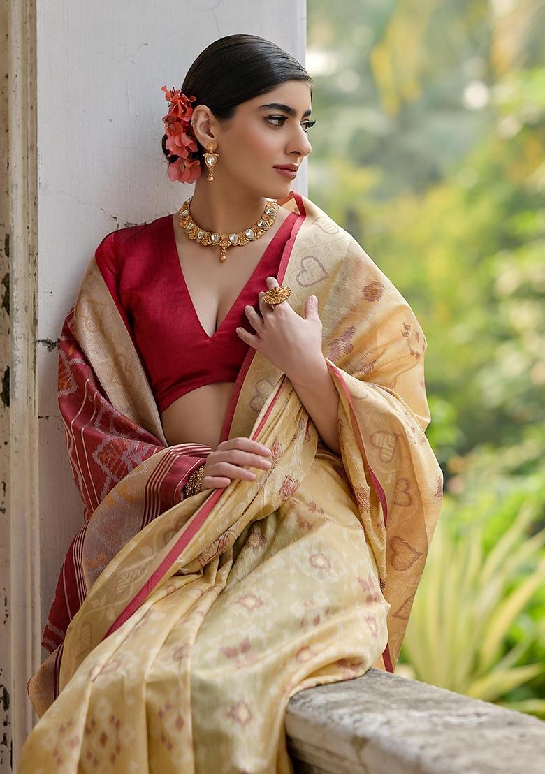 Cream Resham Weaving Raw Silk Saree Set