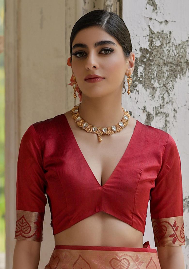 Cream Resham Weaving Raw Silk Saree Set