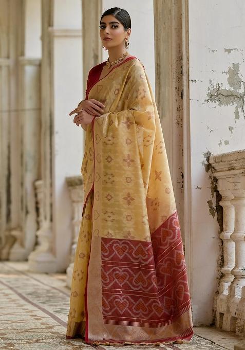 Cream Resham Weaving Raw Silk Saree Set