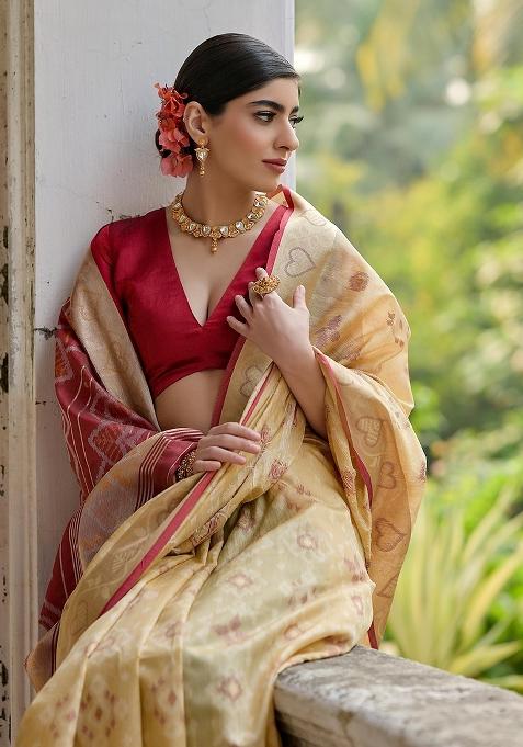 Cream Resham Weaving Raw Silk Saree Set