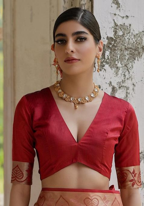 Cream Resham Weaving Raw Silk Saree Set