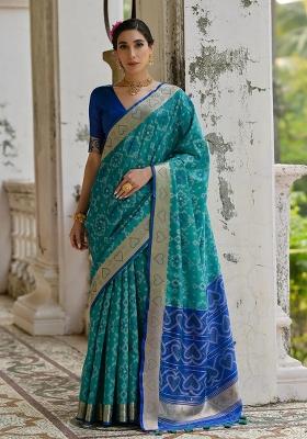 Firozi Resham Weaving Raw Silk Blend Saree Set