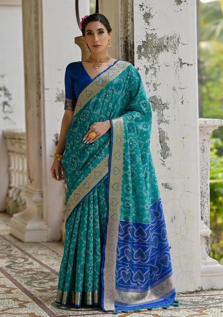 Firozi Resham Weaving Raw Silk Saree Set