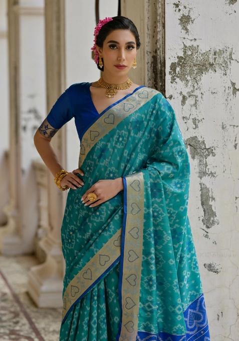 Firozi Resham Weaving Raw Silk Saree Set