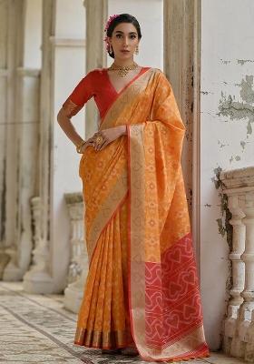 Mustard Yellow Resham Weaving Raw Silk Blend Saree Set