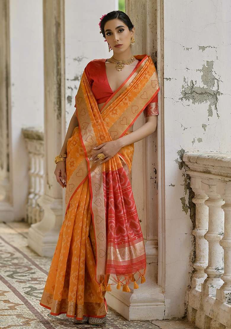 Mustard Yellow Resham Weaving Blend Raw Silk Saree Set for Diwali | Wedding & Festive Wear - Indya