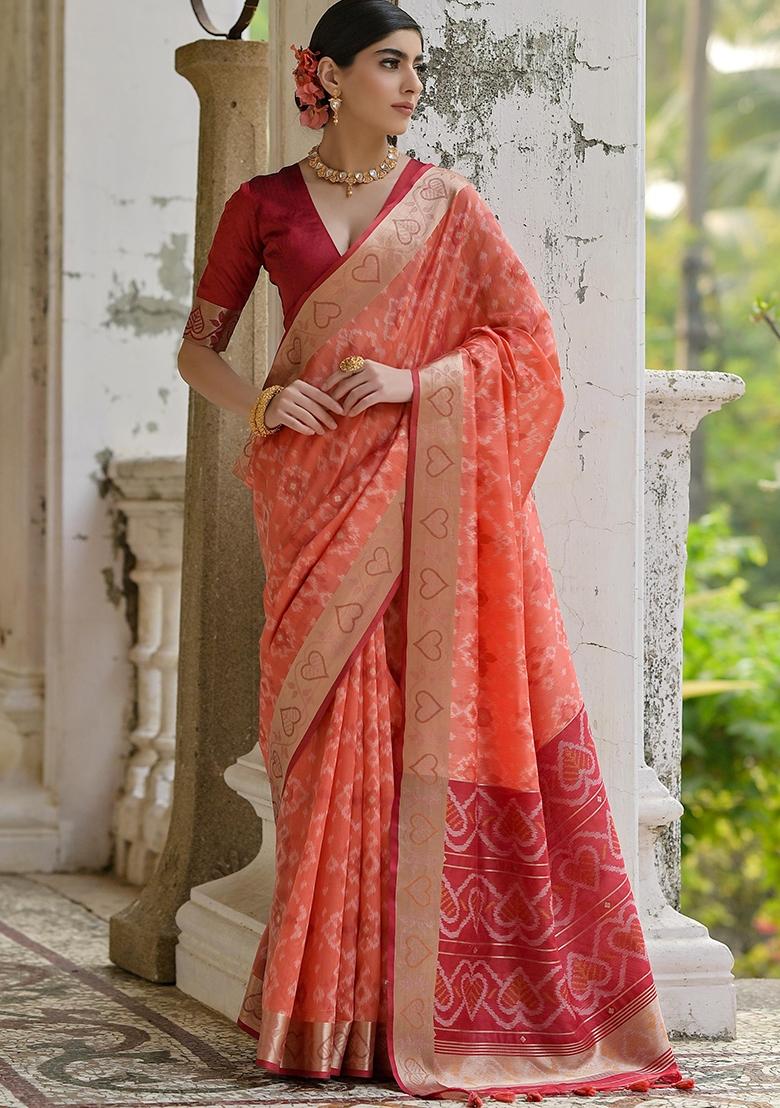 Orange Resham Weaving Raw Silk Saree Set
