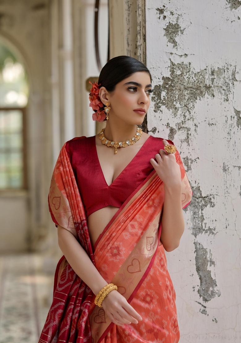 Orange Resham Weaving Raw Silk Saree Set