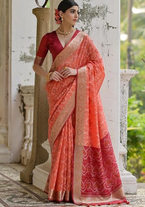 Orange Resham Weaving Raw Silk Saree Set