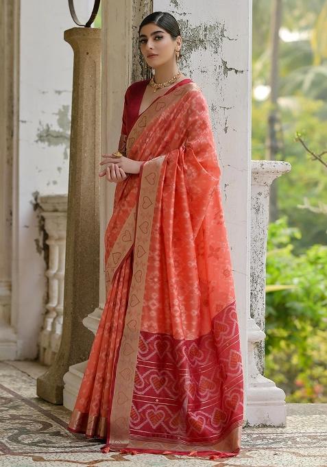 Orange Resham Weaving Raw Silk Saree Set
