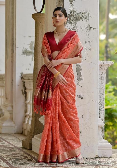 Orange Resham Weaving Raw Silk Saree Set