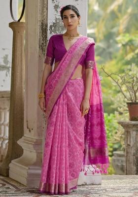 Pink Resham Weaving Raw Silk Saree Set