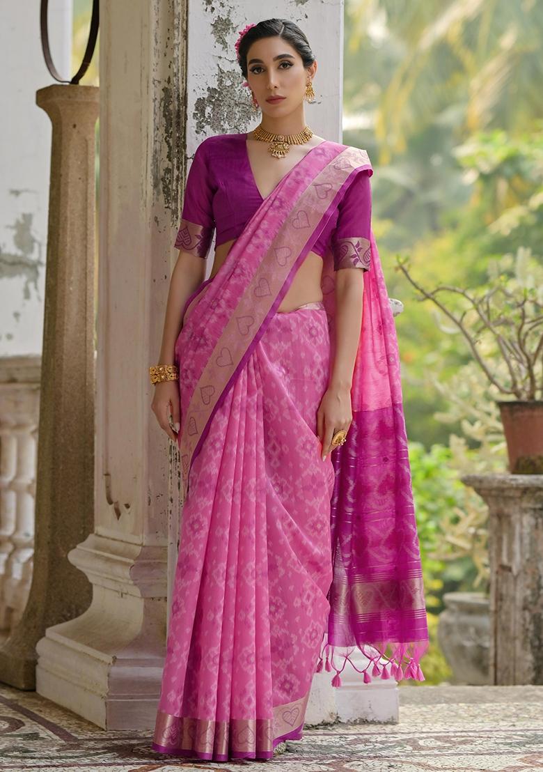 Pink Resham Weaving Raw Silk Saree Set