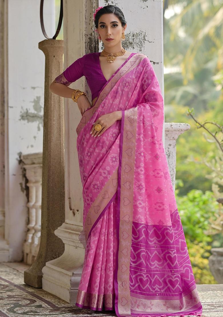 Pink Resham Weaving Raw Silk Saree Set