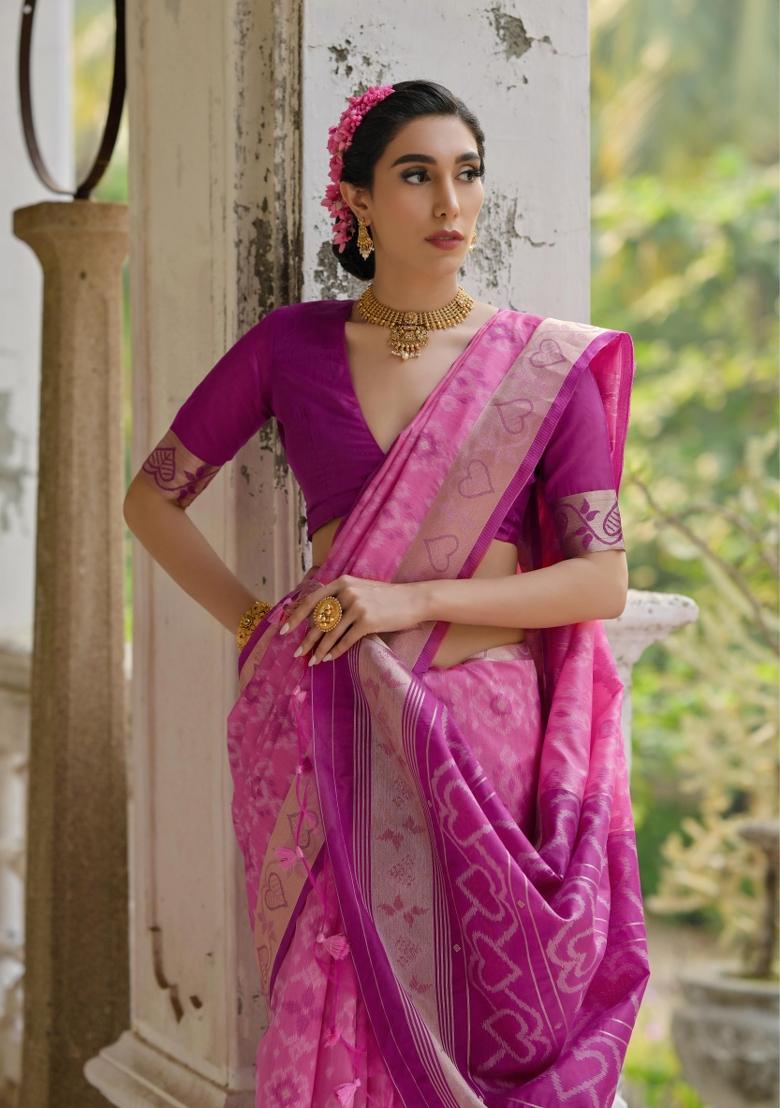 Pink Resham Weaving Raw Silk Saree Set