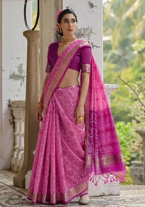 Pink Resham Weaving Raw Silk Saree Set