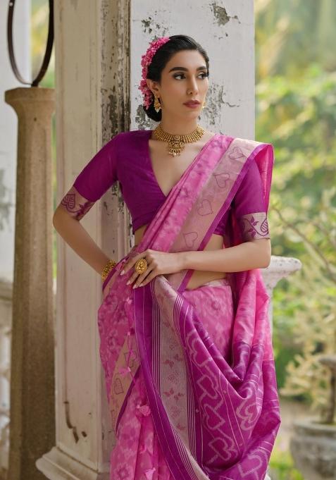 Pink Resham Weaving Raw Silk Saree Set
