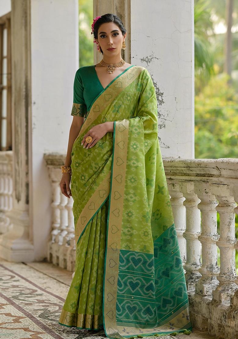 Pista Green Resham Weaving Raw Silk Saree Set