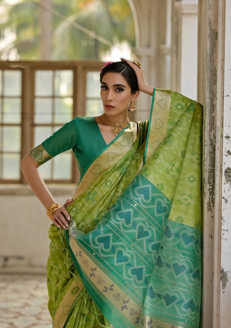 Pista Green Resham Weaving Raw Silk Saree Set