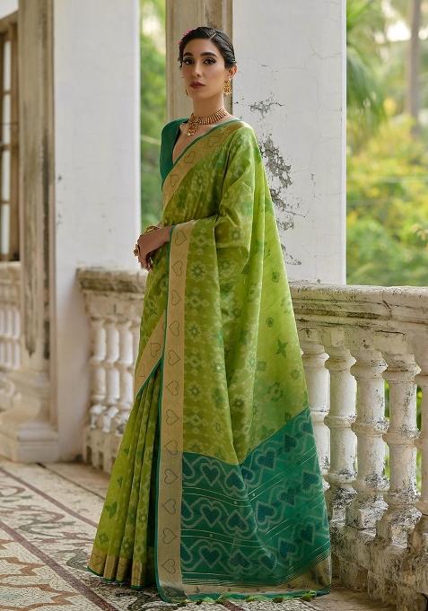 Pista Green Resham Weaving Raw Silk Saree Set