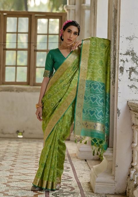 Pista Green Resham Weaving Raw Silk Saree Set