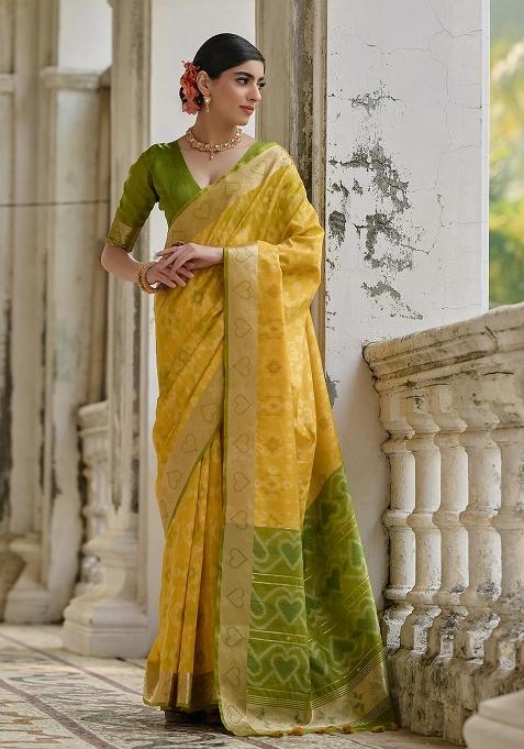 Yellow Resham Weaving Raw Silk Saree Set