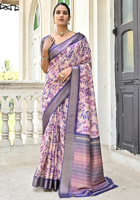 Blue Printed Silk Saree Set