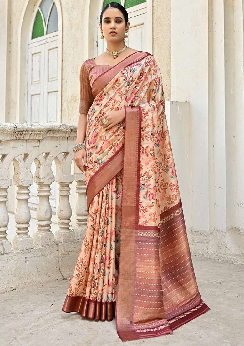 Coffee Brown Printed Silk Blend Saree Set for Diwali and Festive Wear - Indya
