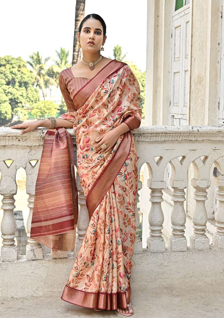 Coffee Brown Printed Silk Blend Saree Set for Diwali and Festive Wear - Indya