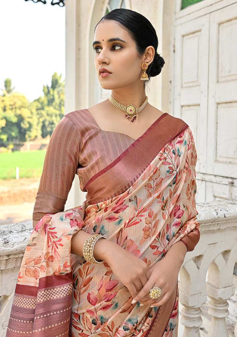 Coffee Brown Printed Silk Blend Saree Set for Diwali and Festive Wear - Indya
