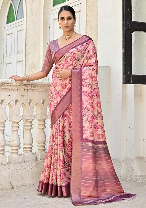Pink Printed Silk Saree Set