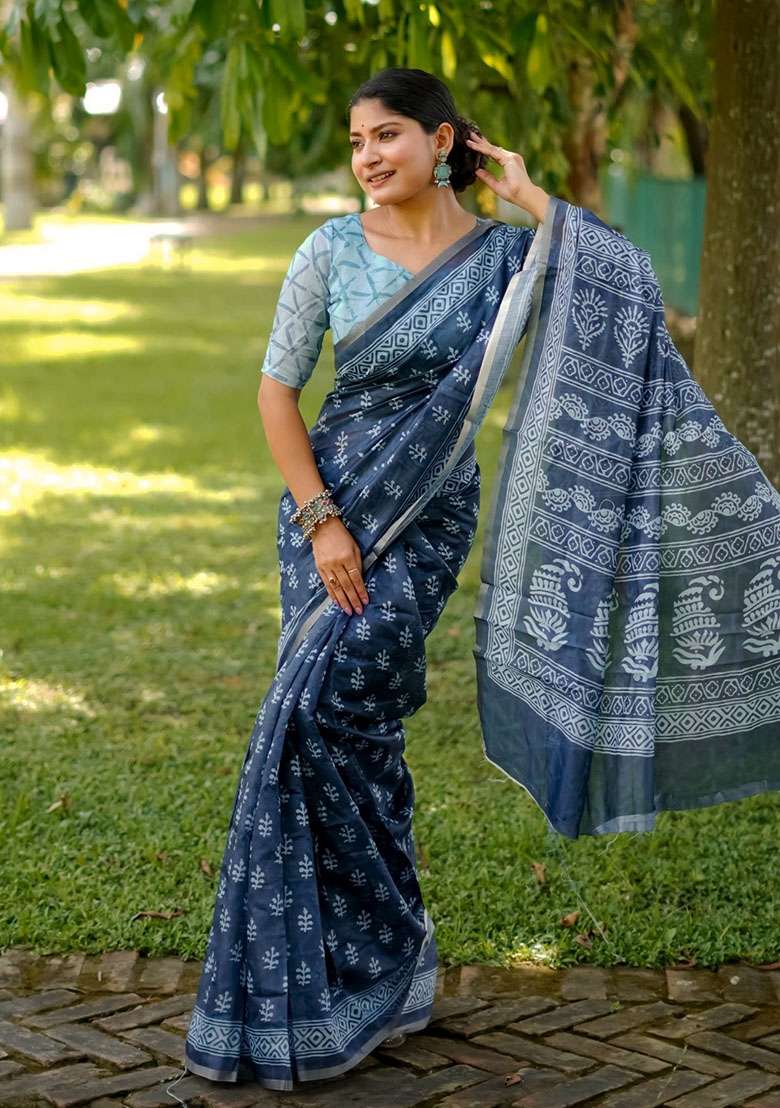 Firozi Cotton Saree Set with Printed for Diwali | Wedding & Festive Wear - Indya